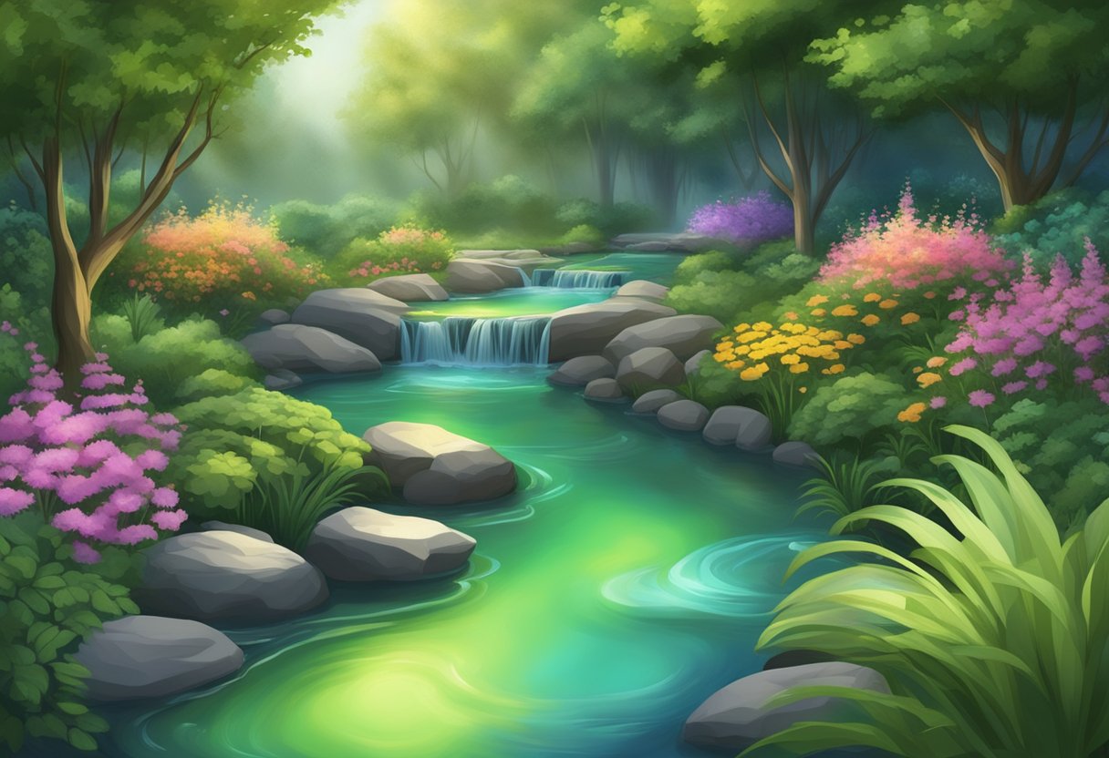 A serene garden with a flowing stream, lush greenery, and a glowing energy field surrounding a central point