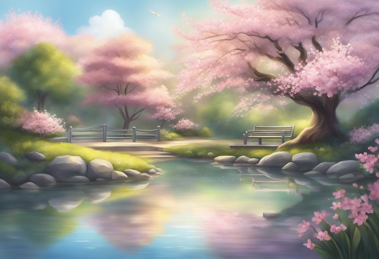 A serene garden with blooming cherry blossoms, a gentle breeze, and a tranquil pond reflects the peaceful energy of a Reiki training session