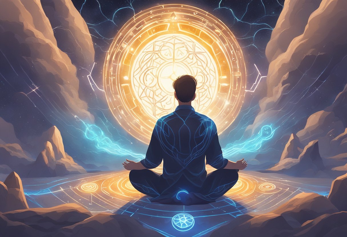 A serene setting with soft, natural lighting. A person sits cross-legged, surrounded by symbols and a glowing energy field