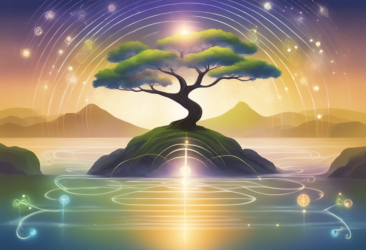 A serene setting with symbols and energy flowing, representing Reiki training levels