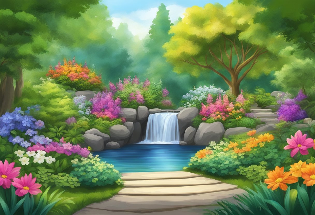 A serene garden with a peaceful waterfall, surrounded by lush greenery and colorful flowers, creating a tranquil and harmonious atmosphere for meditation and Reiki practice