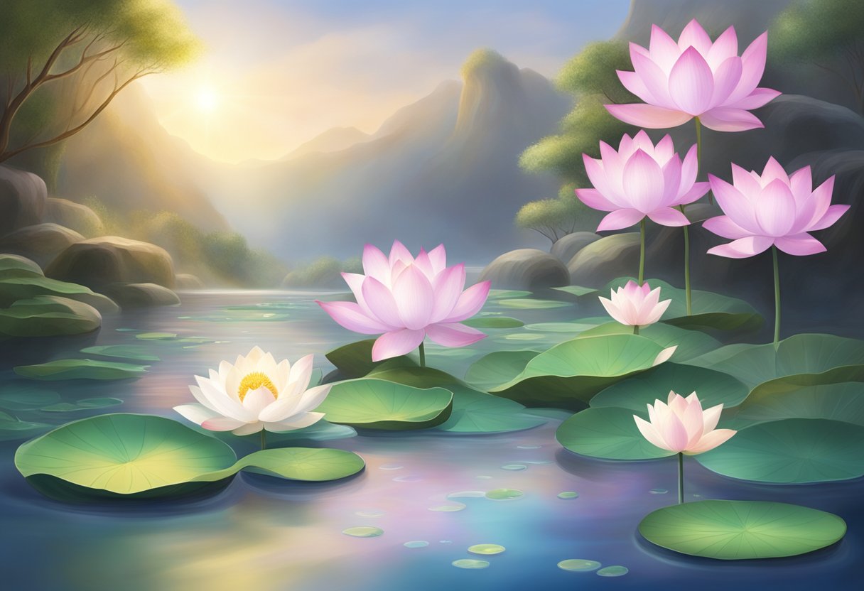 A serene setting with soft lighting, a peaceful atmosphere, and symbols of healing and energy flow, such as a lotus flower and flowing water