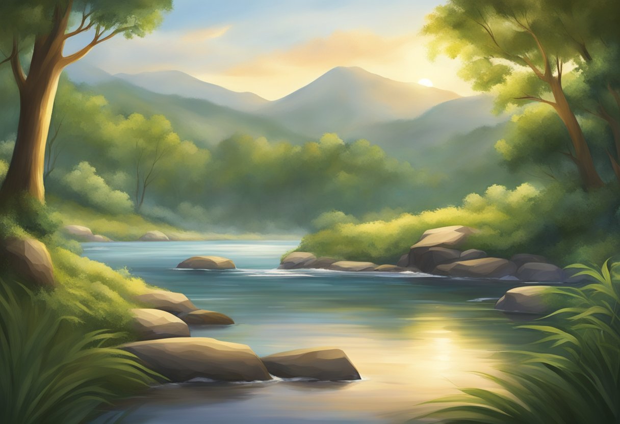 A serene setting with a peaceful ambiance, featuring elements of nature and tranquility, such as flowing water, lush greenery, and soft, warm light