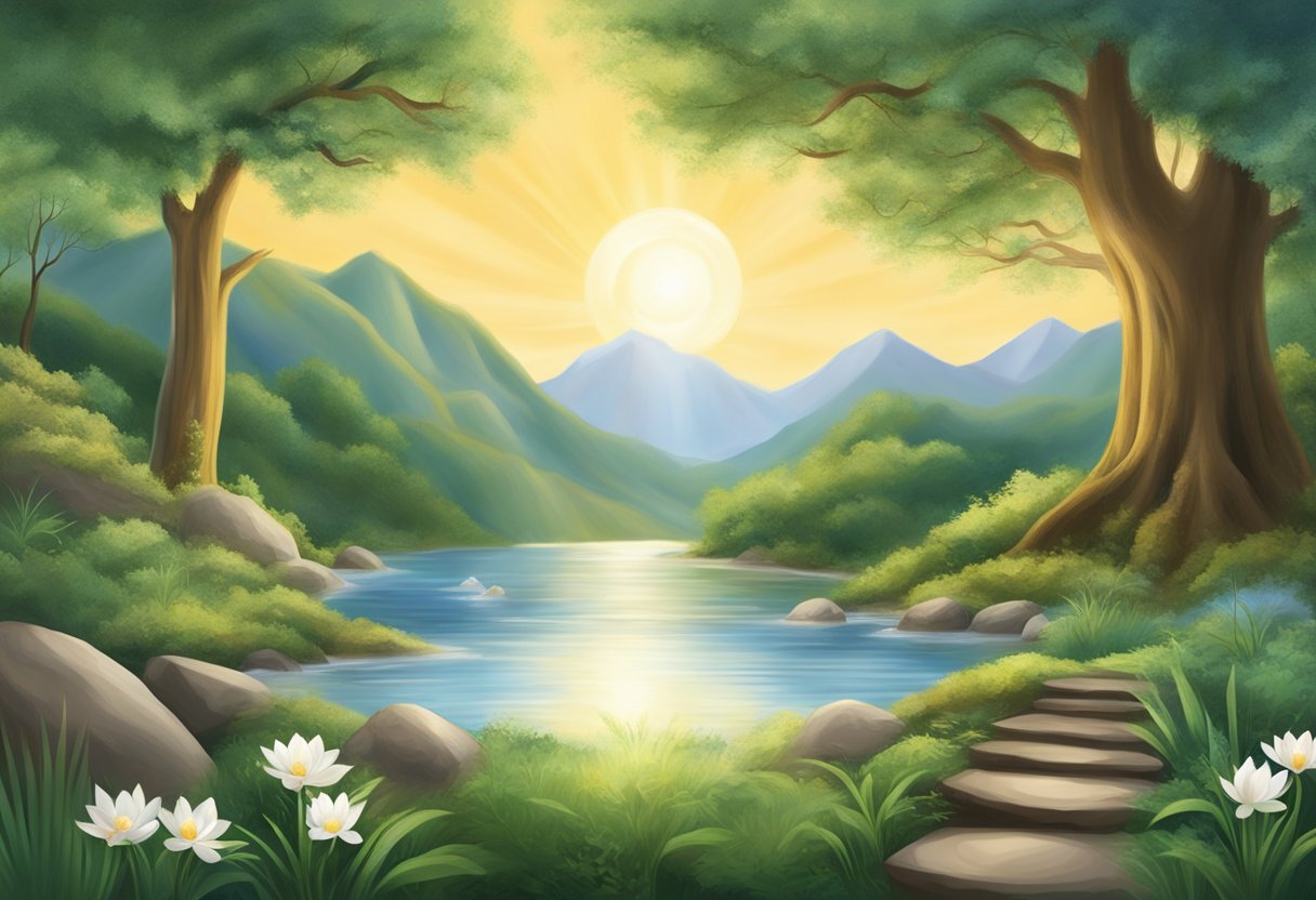 A serene setting with a peaceful atmosphere, featuring symbols and elements associated with Reiki practice, such as the Reiki symbols, healing crystals, and natural elements like water and plants