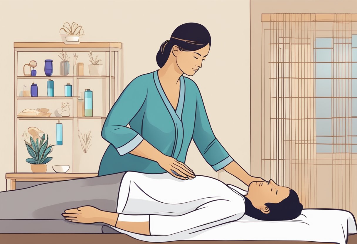 A clinical setting with a Reiki practitioner performing energy healing on a patient, using hand positions and symbols