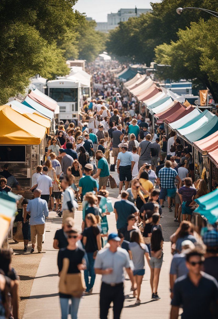 A bustling food truck festival in Waco, Texas, with colorful trucks lining the streets, people sampling various cuisines, and live music filling the air