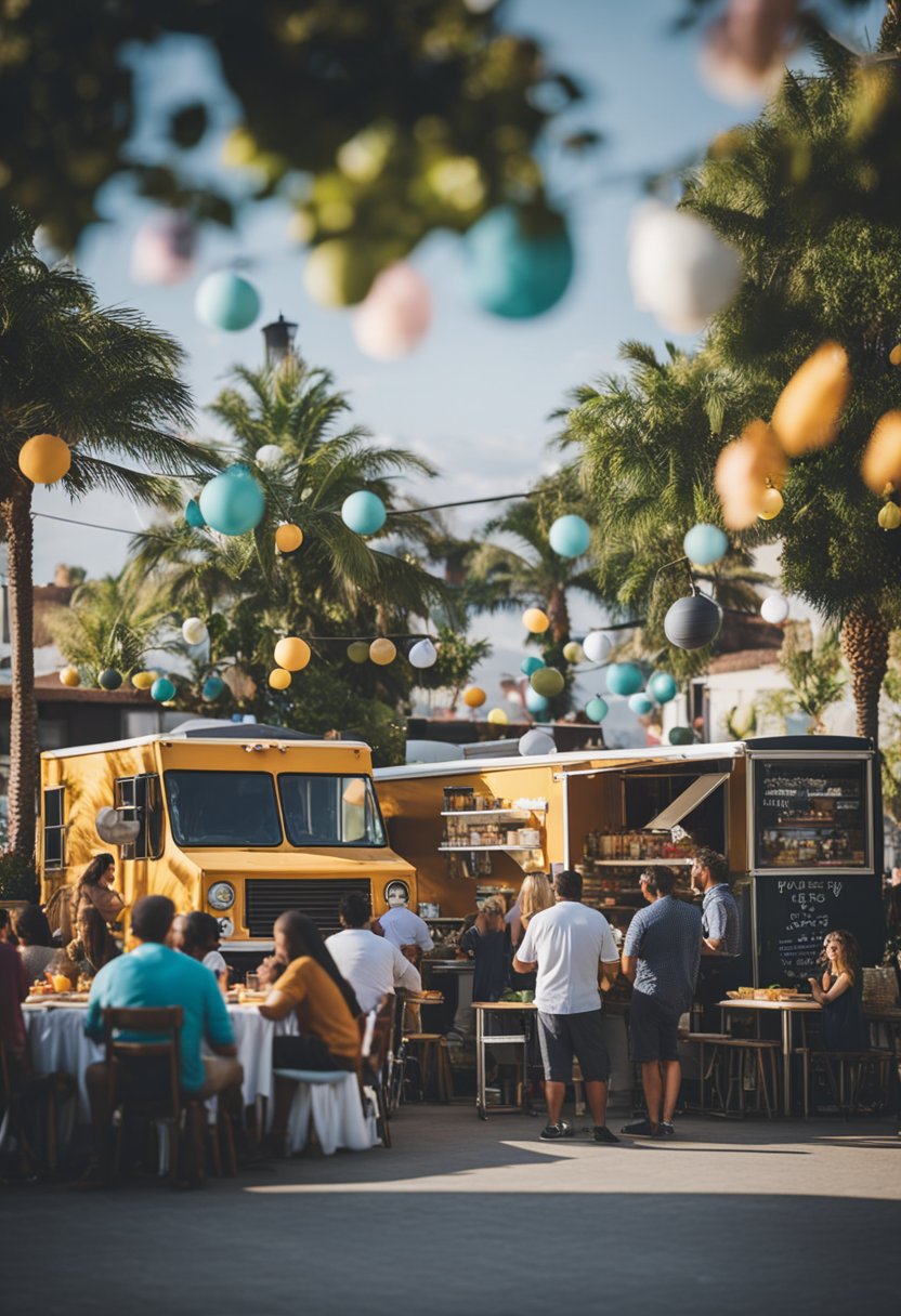 Colorful food trucks line the streets, serving up a variety of cuisines. People gather around picnic tables, enjoying live music and the festive atmosphere