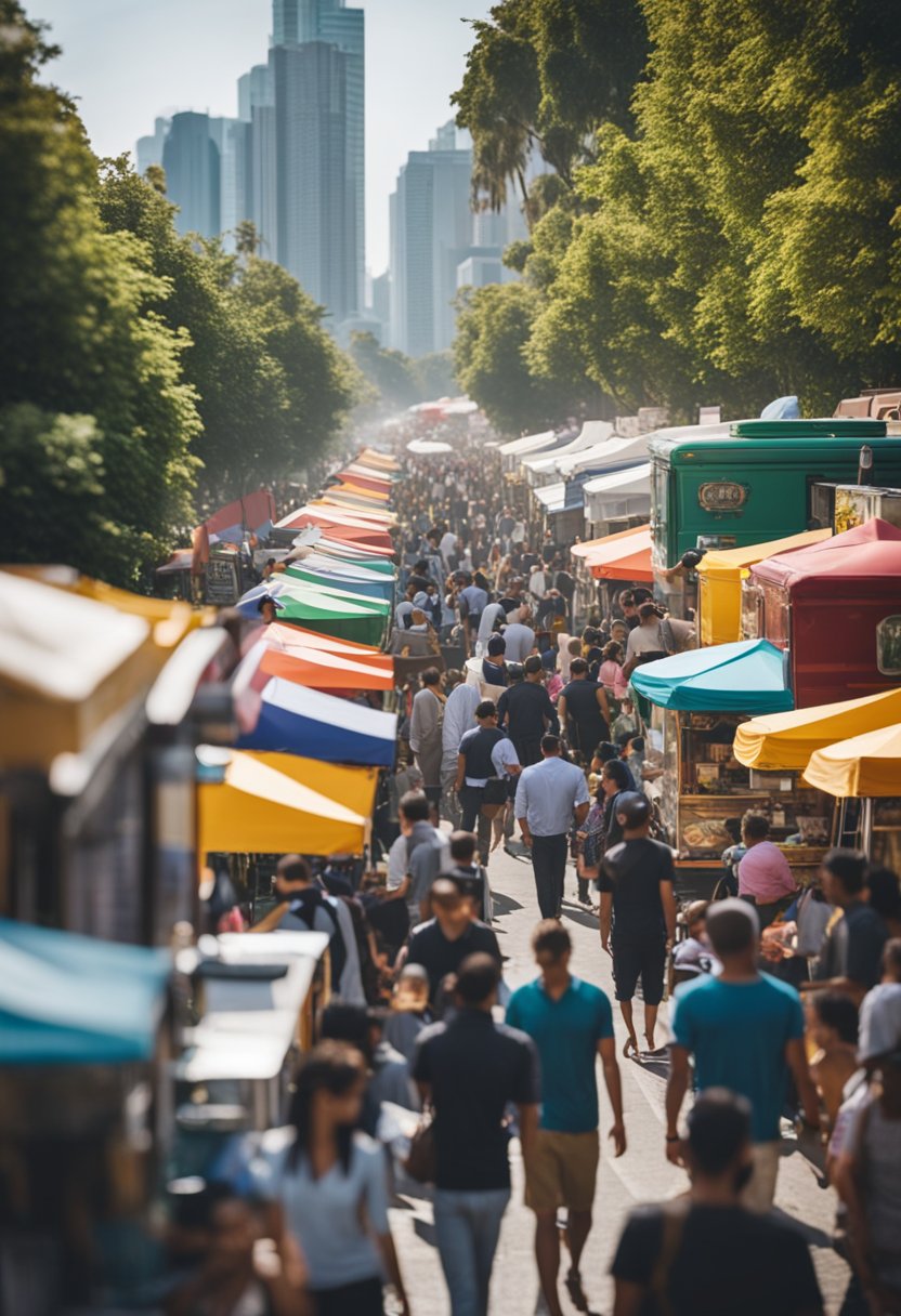 Colorful food trucks line the street, emitting delicious aromas. People gather around, sampling a variety of cuisines. The festival atmosphere is lively and vibrant