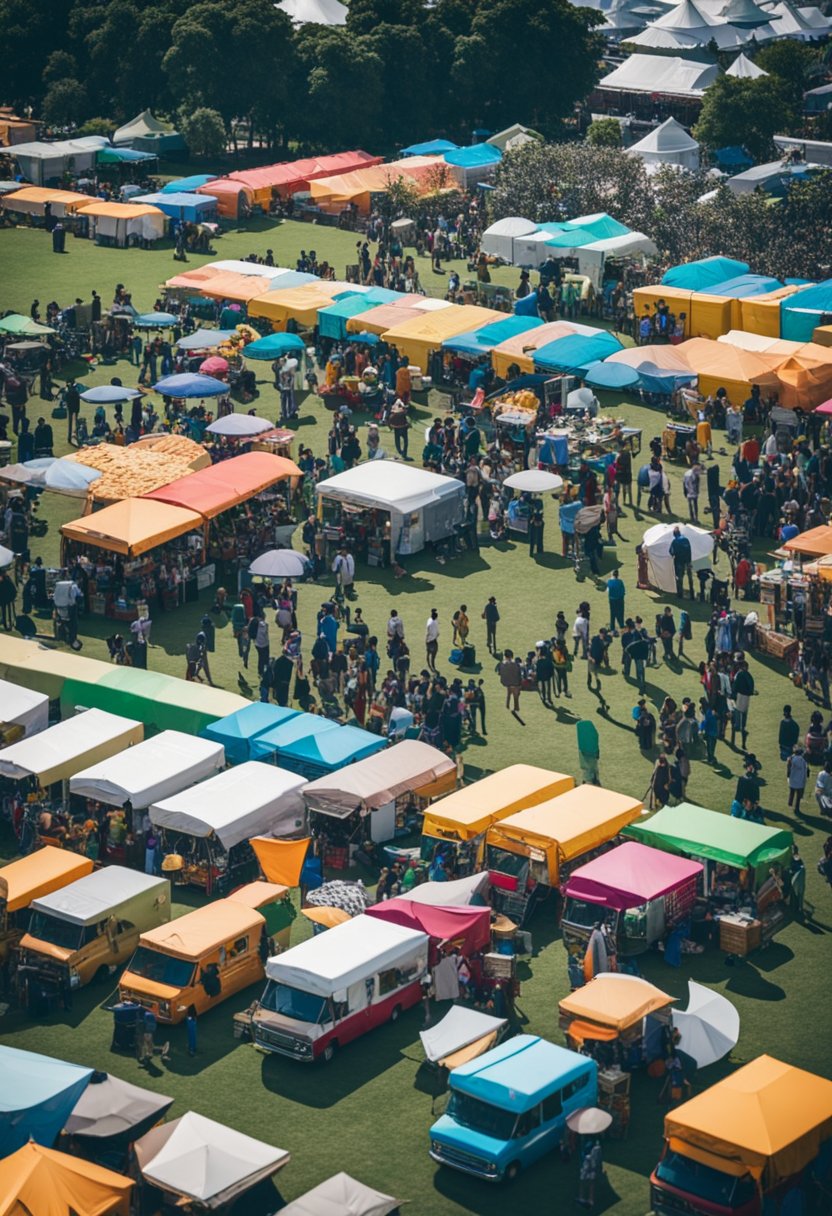 Colorful food trucks line the festival grounds, emitting enticing aromas. Crowds gather around, sampling diverse cuisines and enjoying live music