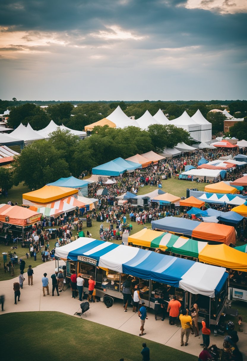 A bustling food truck festival in Waco, with colorful tents, diverse cuisines, and lively music, creating a vibrant atmosphere of community and culture