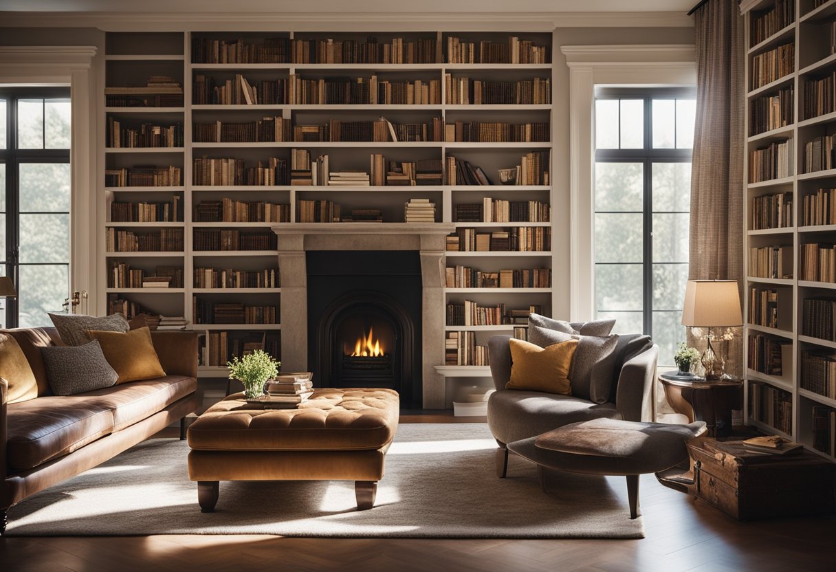 A cozy home library with floor-to-ceiling bookshelves, plush armchairs, and a crackling fireplace. Sunlight streams in through large windows, casting a warm glow over the room