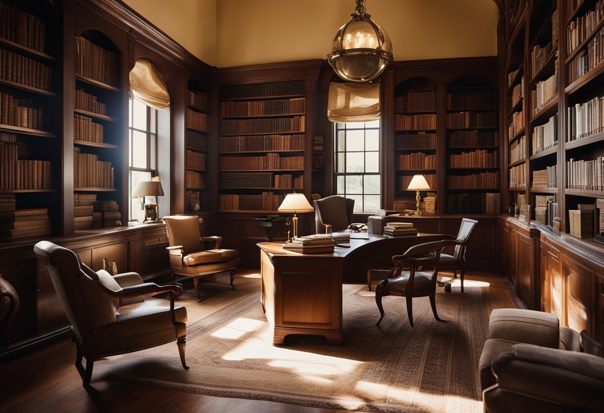 A cozy, sunlit library filled with floor-to-ceiling bookshelves, plush armchairs, and a crackling fireplace. A grand desk sits in the center, surrounded by antique globes and literary memorabilia