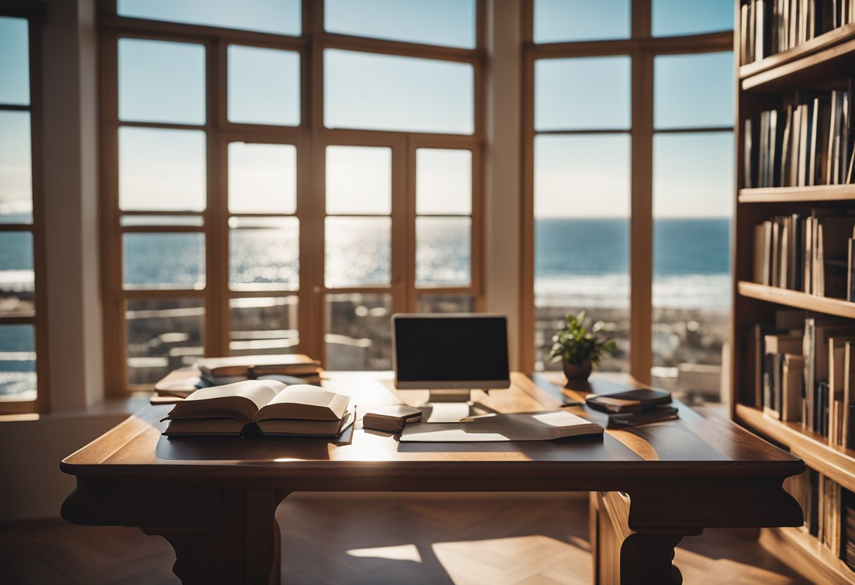 A cozy, sunlit room with a large wooden desk, overstuffed bookshelves, and a view of the ocean through open windows