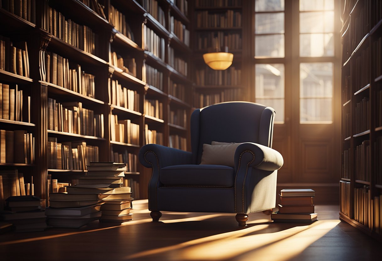 Sunlight streams through the window, casting a warm glow on the cozy, cluttered library. Books line the shelves, spilling onto the desk and floor. A comfortable armchair beckons from the corner, inviting readers to lose themselves in the world