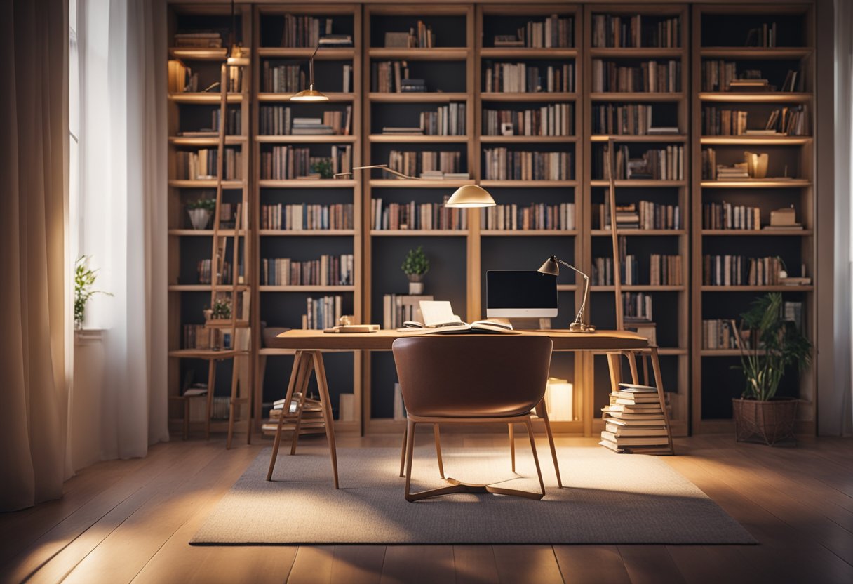 A cozy study with shelves of books, a large desk, and a comfortable reading chair. Soft lighting illuminates the room, creating a warm and inviting atmosphere for book lovers