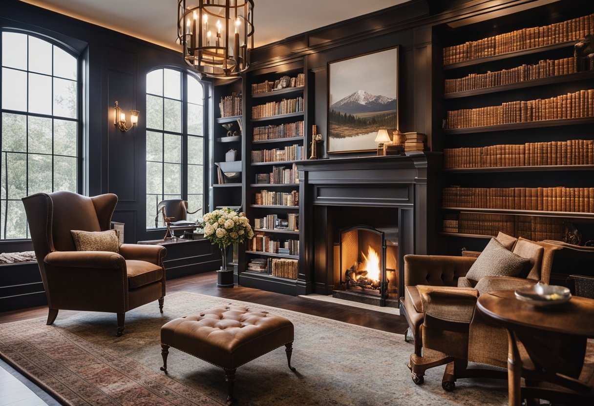 A grand, floor-to-ceiling bookshelf with a rolling ladder, plush reading chairs, and a cozy fireplace create a luxurious and inviting atmosphere in a celebrity home library
