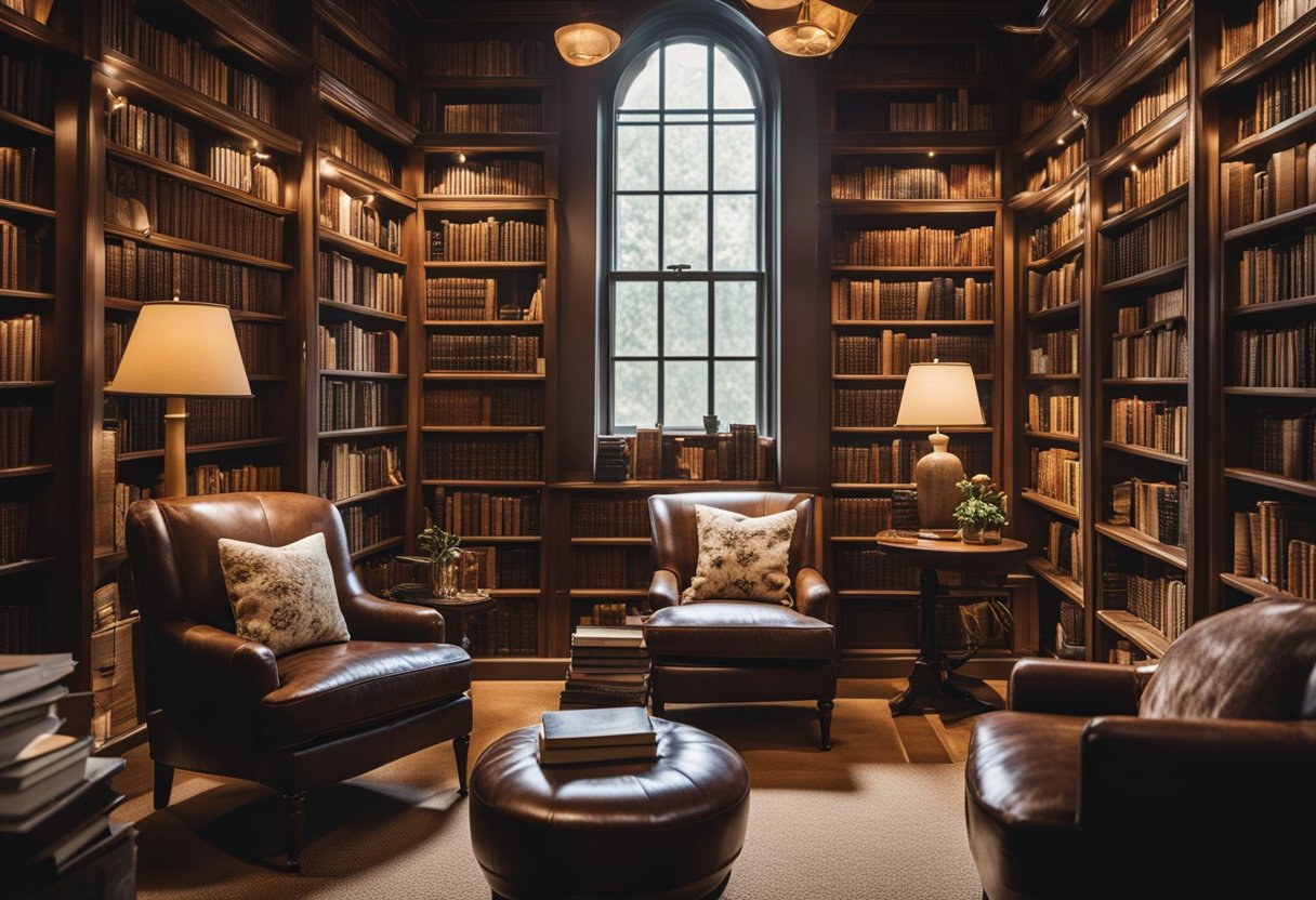 A cozy, well-lit library with floor-to-ceiling bookshelves, a comfortable reading nook, and a crackling fireplace. The room is adorned with literary memorabilia and inspirational quotes