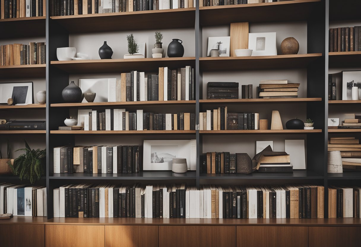 A sleek, modern eco-conscious bookshelf filled with a curated collection of literature and personal mementos. Natural materials and minimalist design add to the serene atmosphere