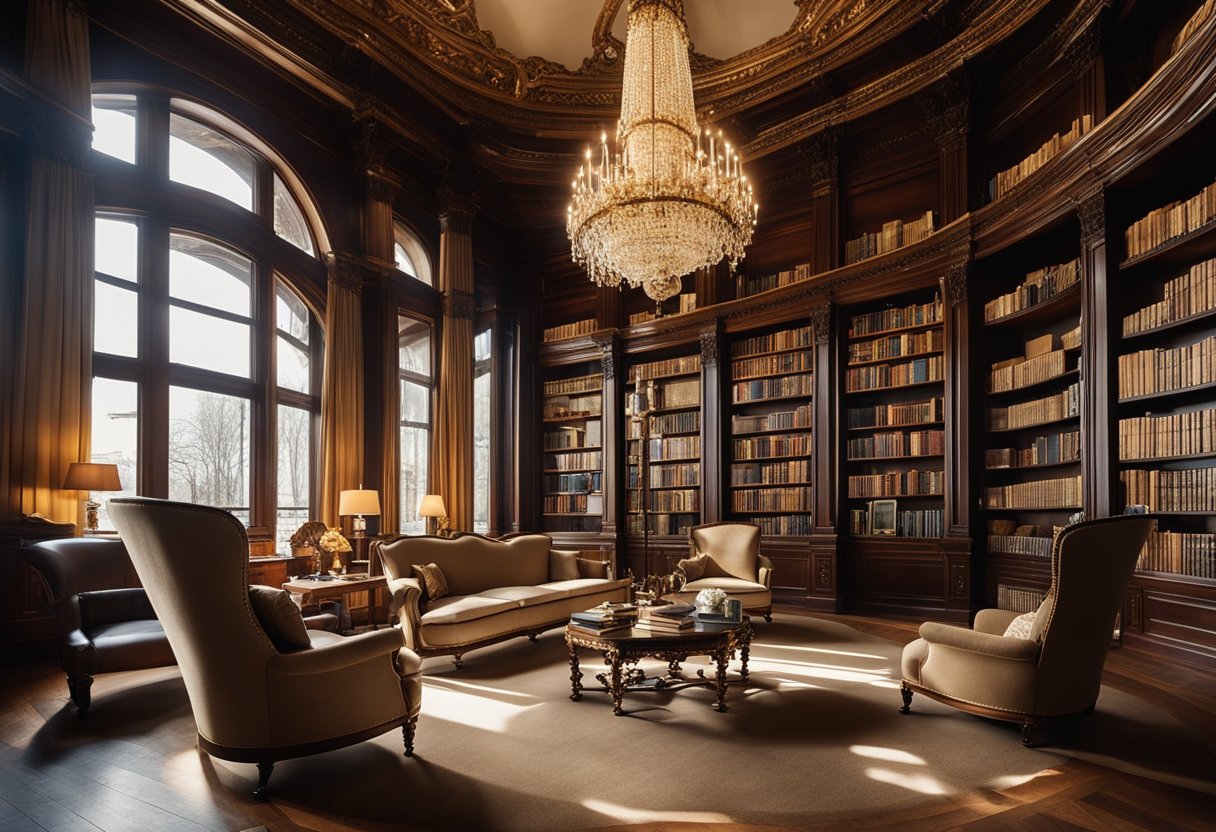 A luxurious Parisian library with floor-to-ceiling bookshelves, plush seating, and ornate chandeliers. Sunlight streams in through large windows, casting a warm glow on the elegant furnishings and rich wood paneling