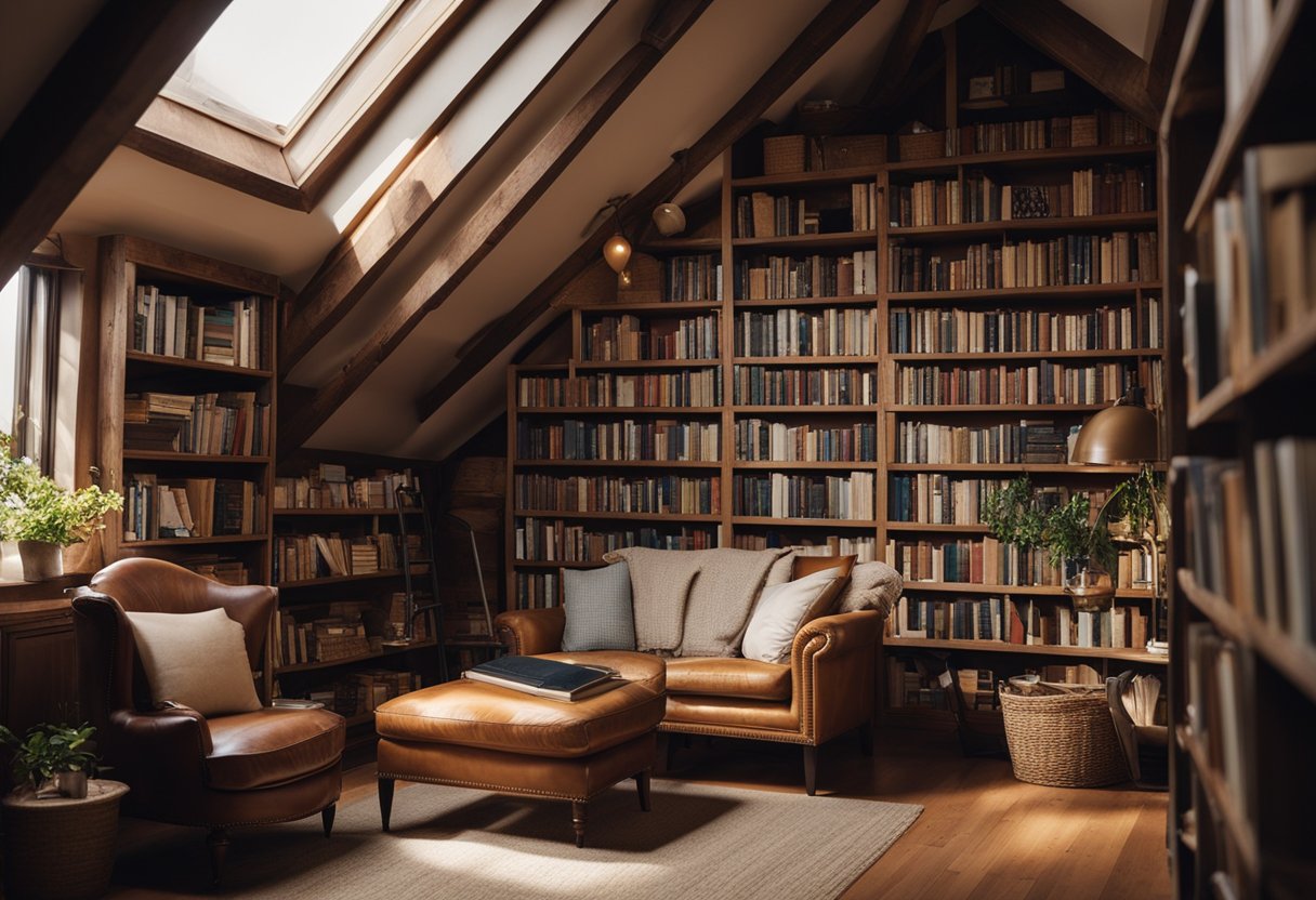 A cluttered attic becomes a cozy home library, with bookshelves lining the walls and a comfortable reading nook bathed in warm natural light