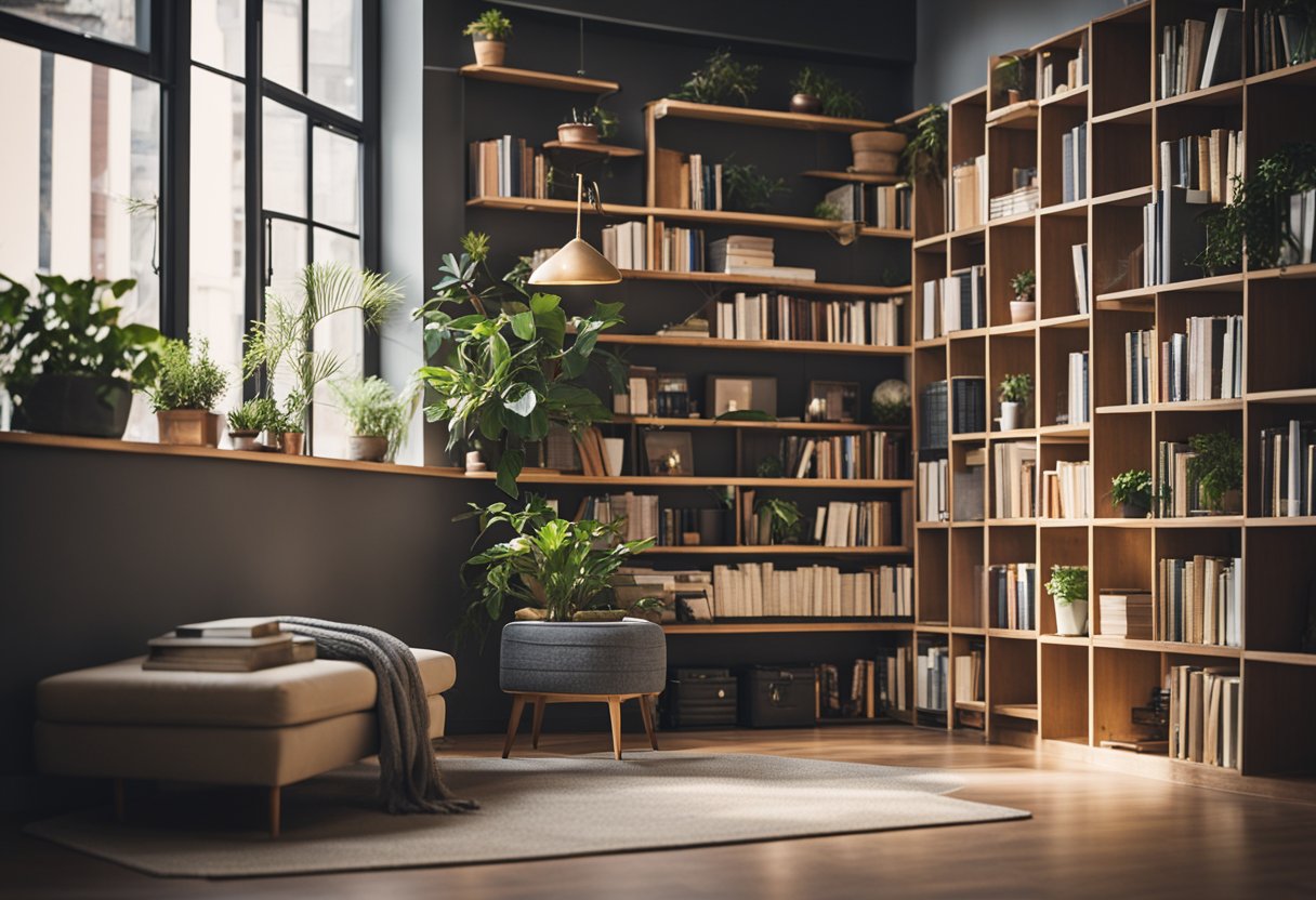 Empty room, shelves installed, books organized, cozy reading nook, soft lighting, comfortable seating, plants, decorative accents, inviting atmosphere
