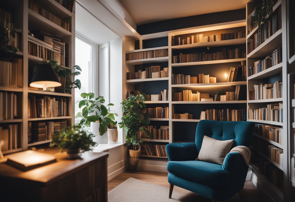 A cozy nook with shelves full of books, a comfortable reading chair, soft lighting, and a small table for hot drinks