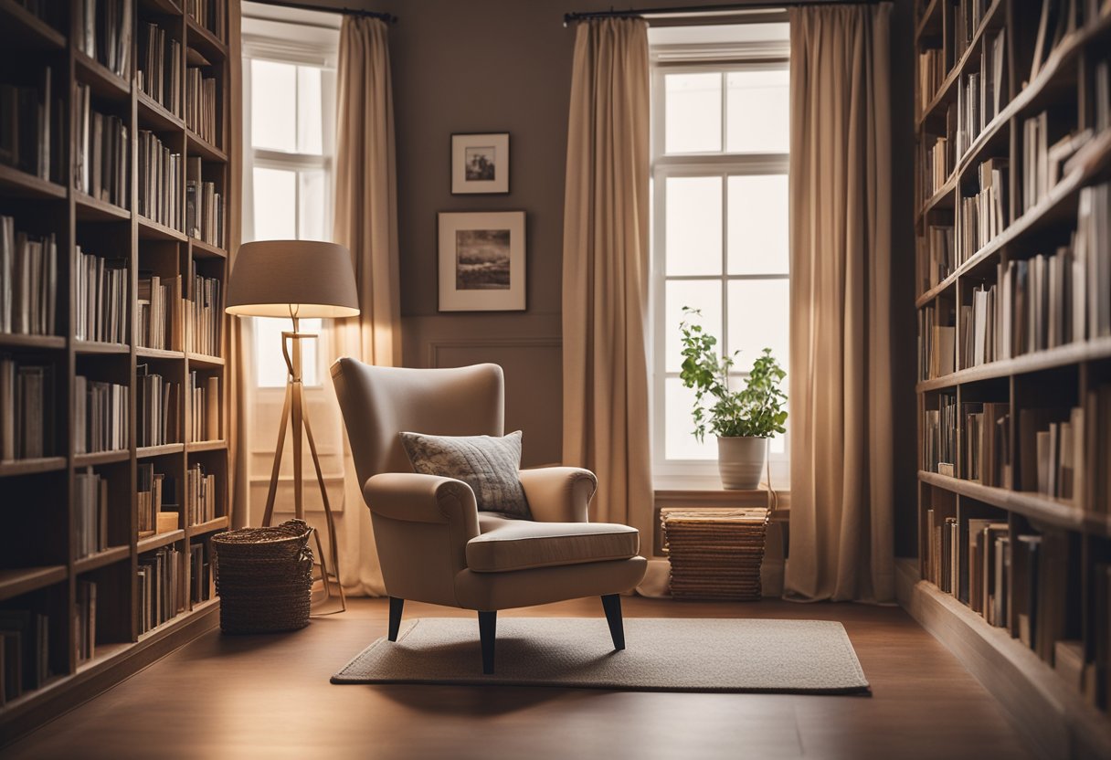 A cozy nook with a comfortable armchair and a floor-to-ceiling bookshelf filled with books. Soft lighting and a warm color palette create a welcoming atmosphere for reading and relaxation