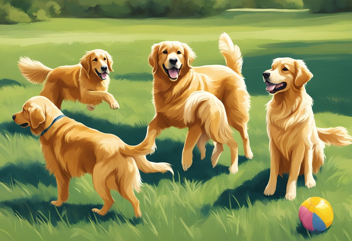 A group of golden retrievers playfully interact, wagging tails and fetching toys in a grassy park setting