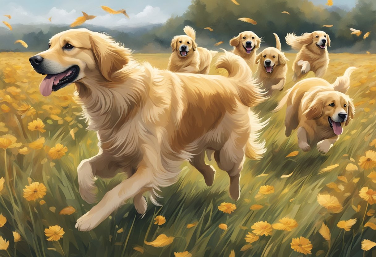 Golden Retrievers running through a field, noses to the ground, tails wagging. Bird feathers scattered around them