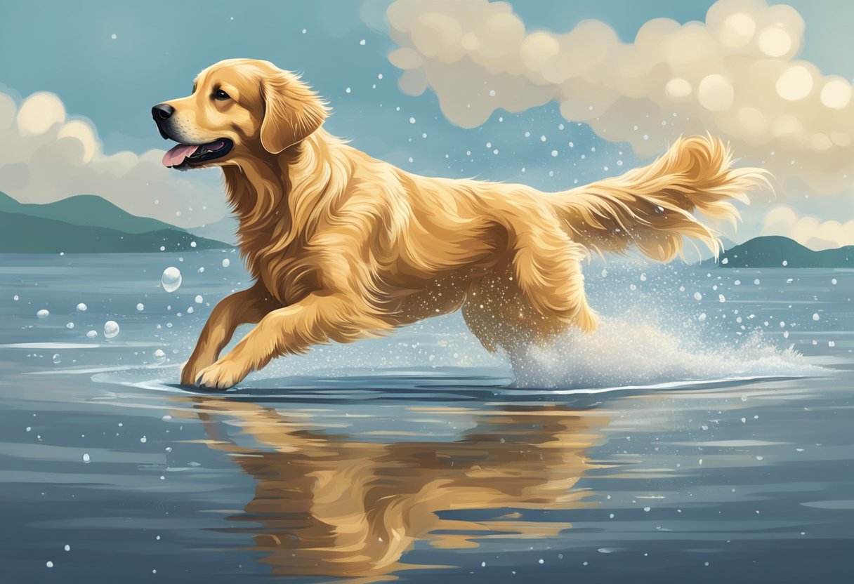 A Golden Retriever shakes off water, droplets flying from its water-repellent coat