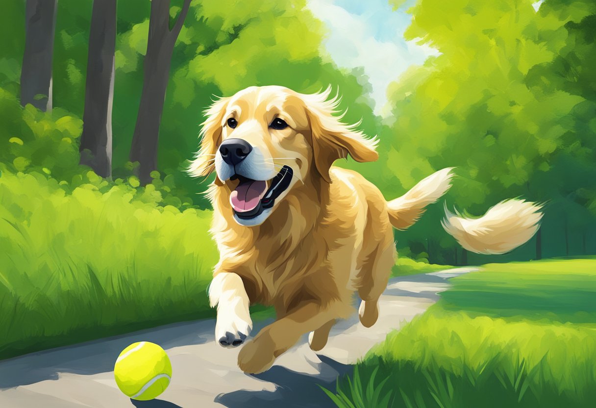 A golden retriever eagerly fetches a bright yellow tennis ball in a lush green park