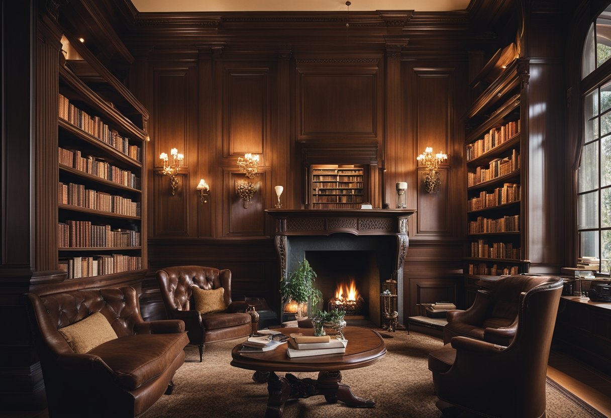 A cozy, dimly-lit library with floor-to-ceiling bookshelves, a plush reading nook, antique furniture, and a crackling fireplace