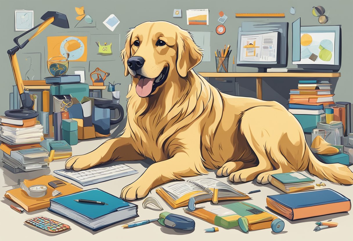 A golden retriever sits attentively, surrounded by various objects representing the 200 commands it can learn. An excited expression on its face shows its eagerness to learn