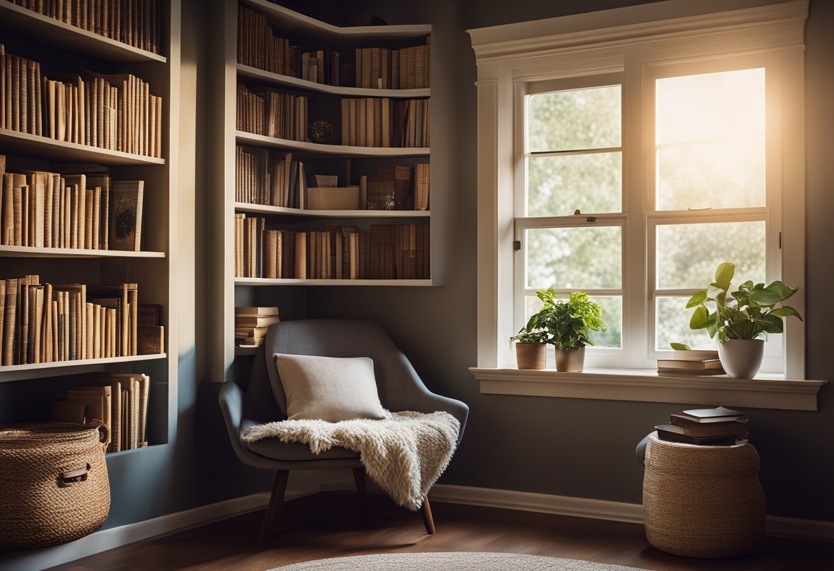 A cozy reading nook with shelves filled with books, soft lighting, and comfortable seating. Unused spaces transformed into home libraries with organized book collections