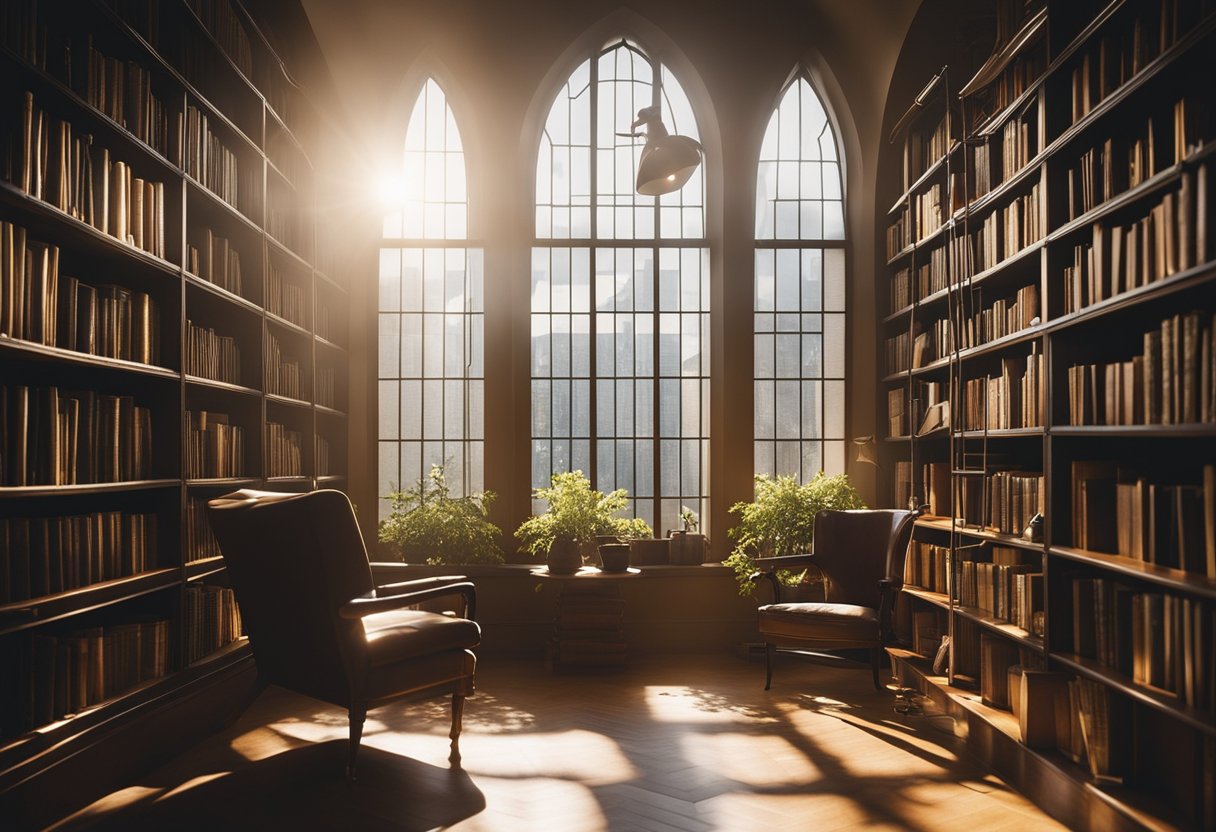 Sunlight streams through windows, casting warm glow on shelves of books and cozy reading nooks. Lamps and comfy chairs invite readers to escape into their own private literary worlds