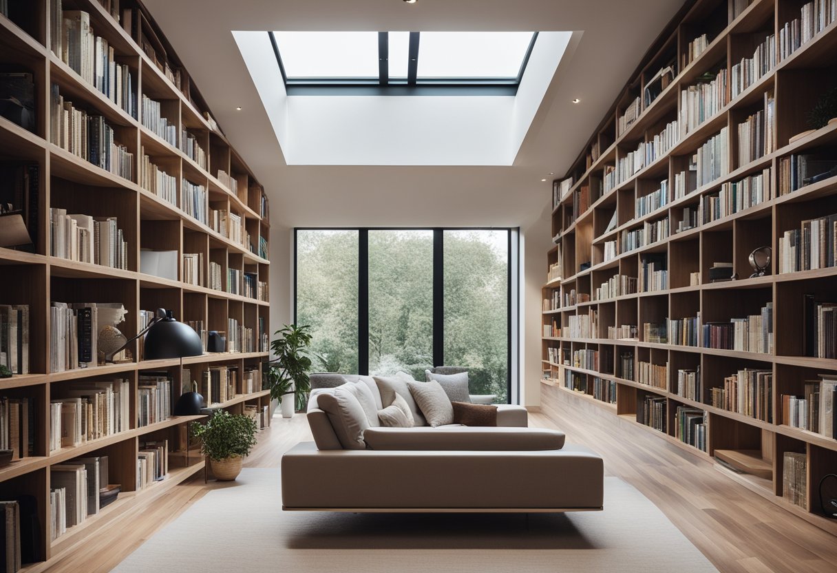 A sleek, minimalist home library with clean lines and white spaces. Shelves filled with books, a cozy reading nook, and natural light pouring in
