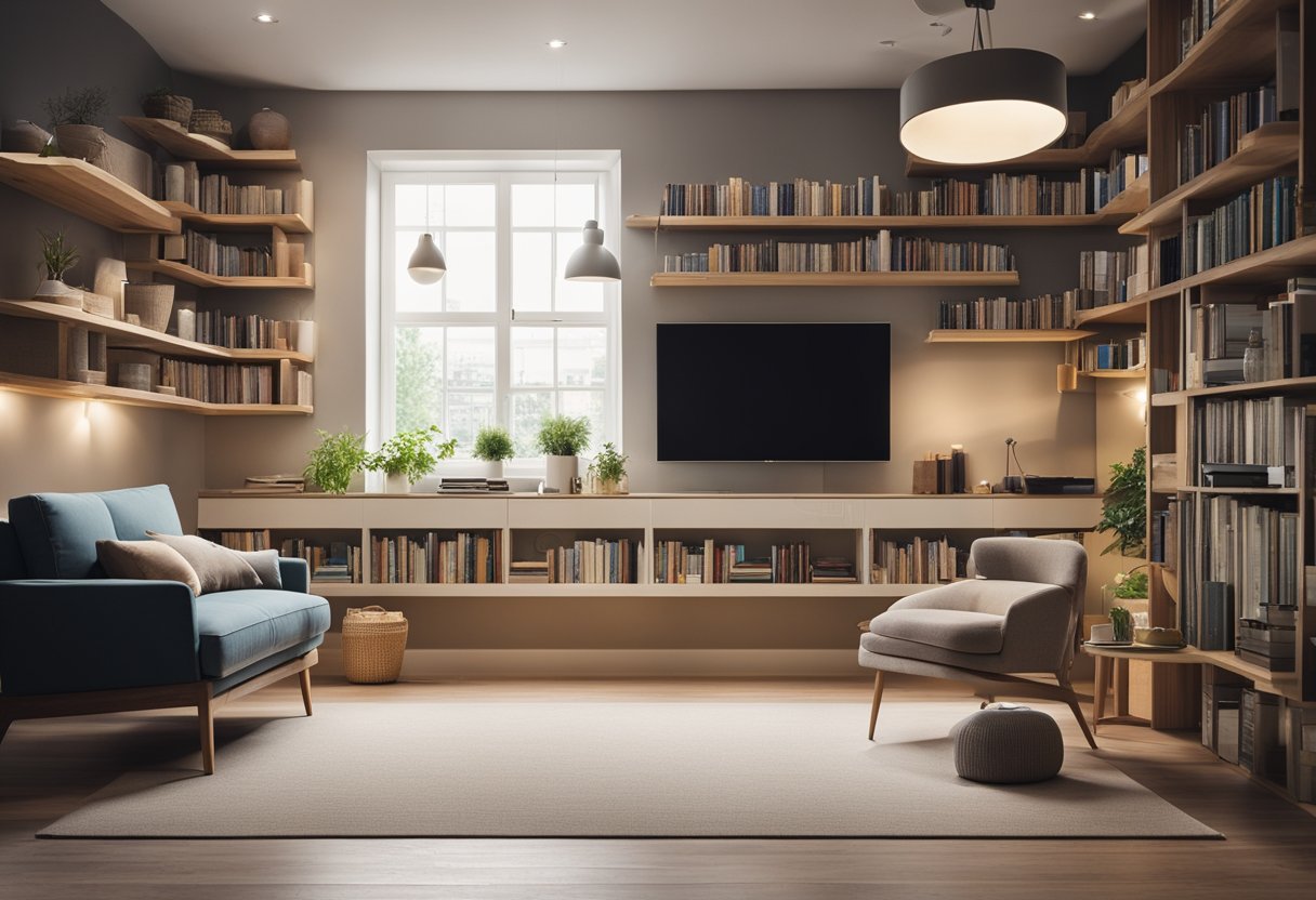 Empty room with shelves and reading nook. Smart devices and lighting integrated. Cozy, inviting atmosphere