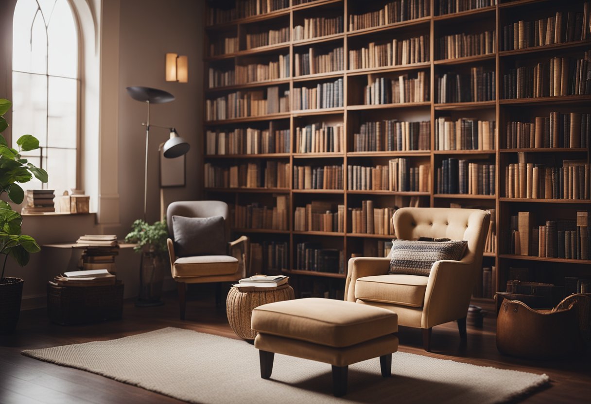 A cozy library with warm lighting, filled with books, art, and personal mementos. A comfortable reading nook with a plush armchair and a small table with a cup of tea