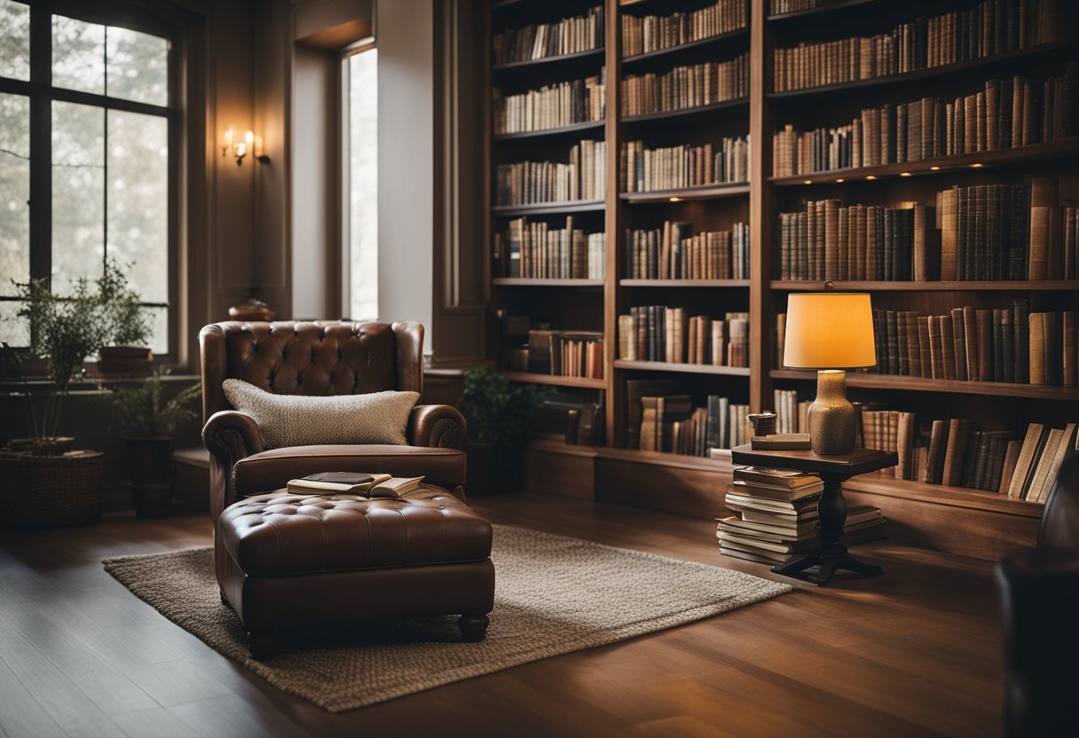 A cozy, well-lit home library filled with shelves of classic and modern bestsellers. A comfortable reading nook with a plush armchair and a warm fireplace invites visitors to get lost in the world of literature