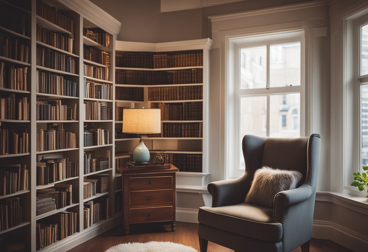 A cozy nook with shelves, filled with books and soft lighting, nestled in a corner of a room. A comfortable chair and a side table complete the inviting space