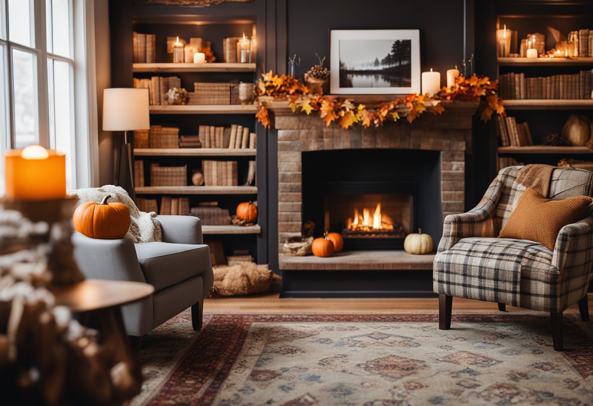 A cozy home library with fall-themed decor: bookshelves adorned with pumpkins and autumn leaves, a warm fireplace with a garland of pinecones, and a comfy armchair with a plaid throw blanket