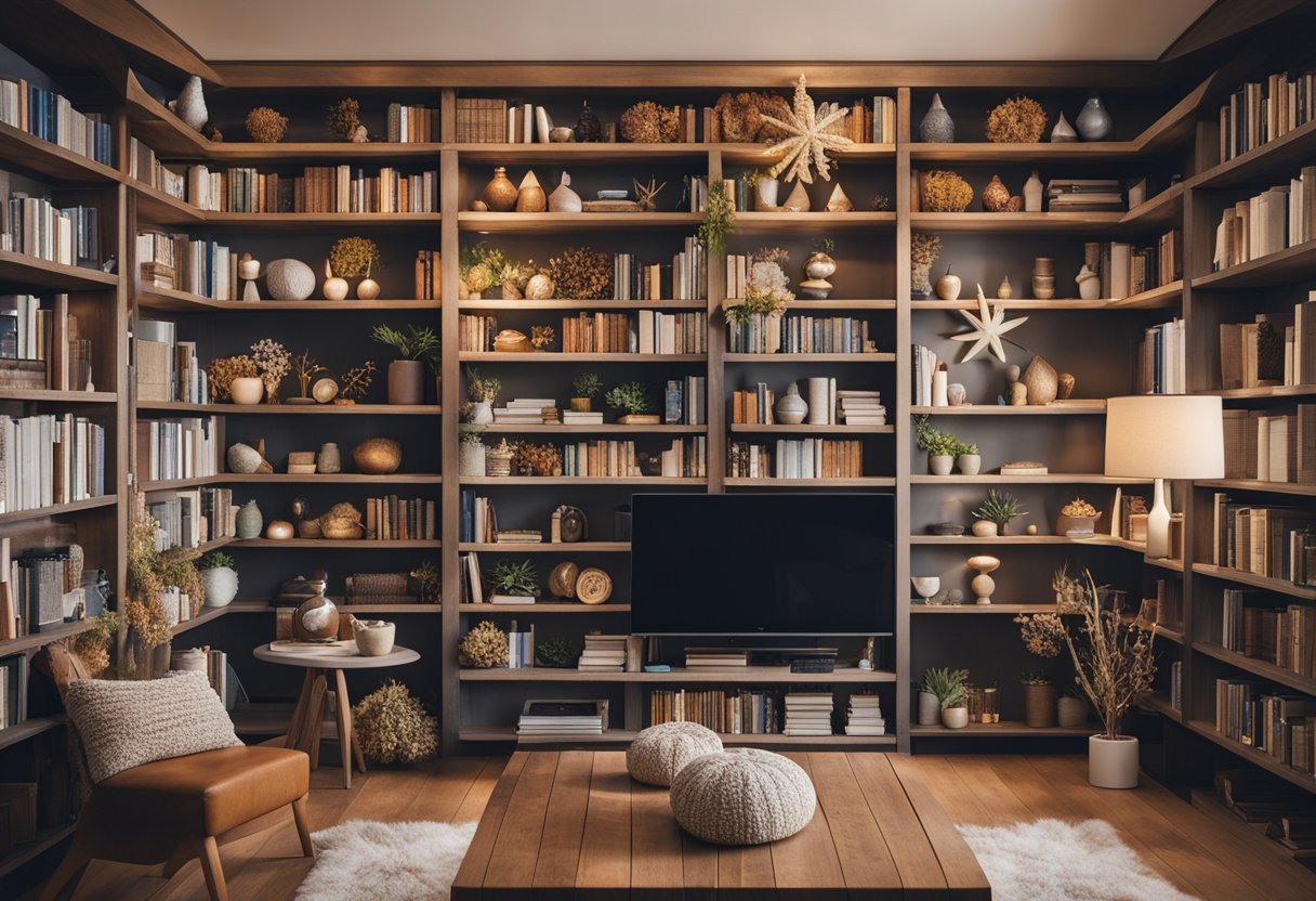 A cozy home library with shelves adorned with seasonal decorations, such as autumn leaves, winter snowflakes, spring flowers, and summer beach shells