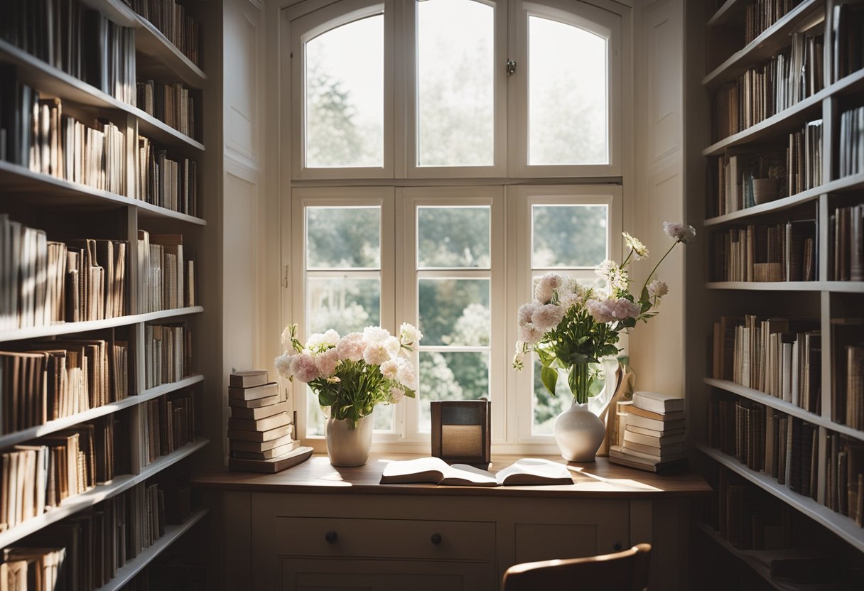A sunlit home library with pastel accents, open windows, and fresh flowers. Books neatly arranged on shelves, cozy seating, and light streaming in