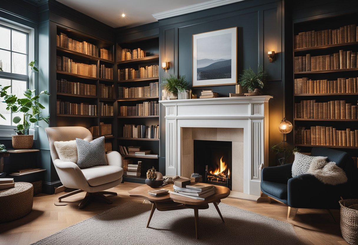 A cozy home library with shelves filled with books on various interests, a comfortable reading nook with a plush armchair, and a warm fireplace as the focal point