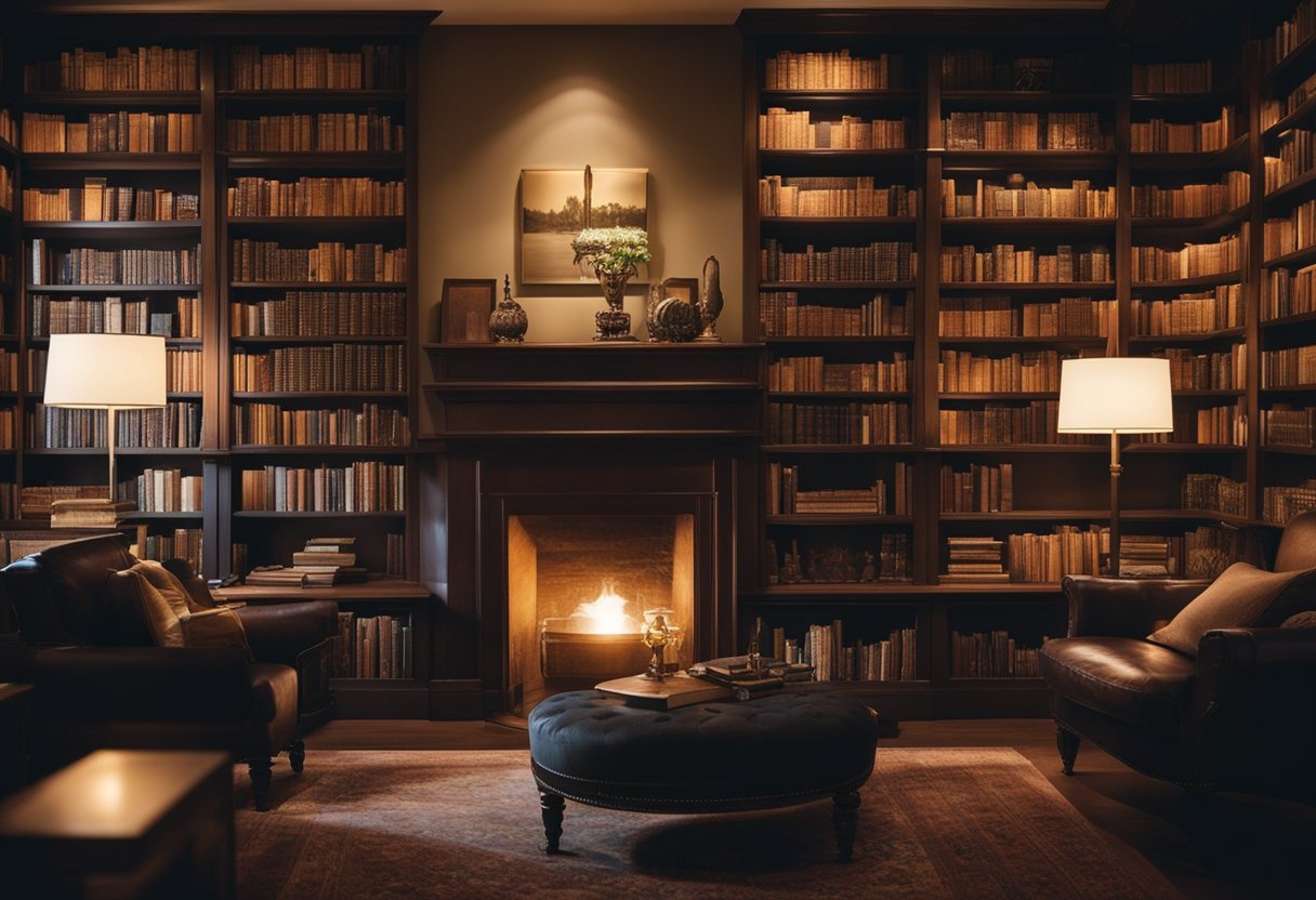 A cozy home library with shelves filled with books on various interests like literature, history, science, and art. Comfortable seating and warm lighting create an inviting atmosphere for reading and relaxation