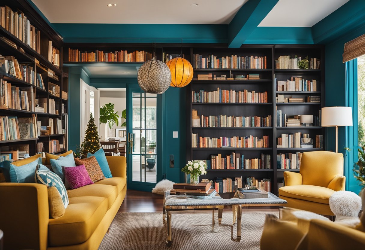 A sunlit home library with vibrant, bold designs and seasonal decorations. Bright colors and patterns bring a lively energy to the space