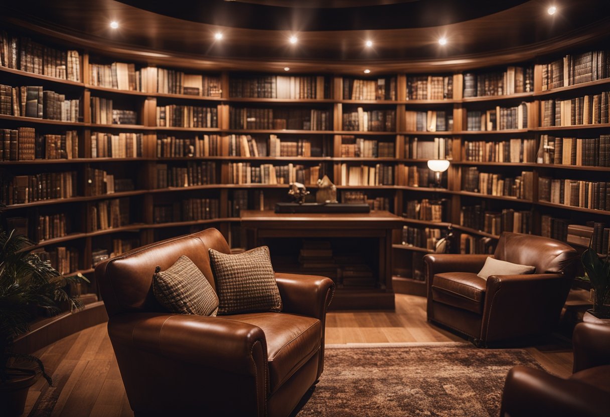A cozy home library with shelves filled with genre-specific books, such as mystery, fantasy, and romance. Comfy chairs and warm lighting create a welcoming atmosphere for book lovers