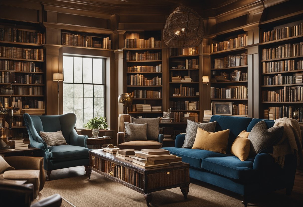 A cozy home library with shelves filled with books on various subjects, from science and history to art and cooking. Comfortable seating areas invite readers to immerse themselves in their favorite topics