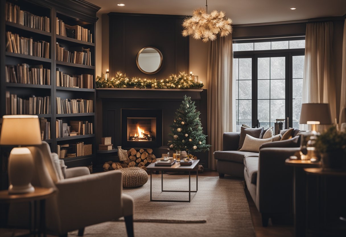 A cozy home library with shelves filled with books, a warm fireplace, and comfortable seating. A table is adorned with seasonal decor, adding a festive touch to the room