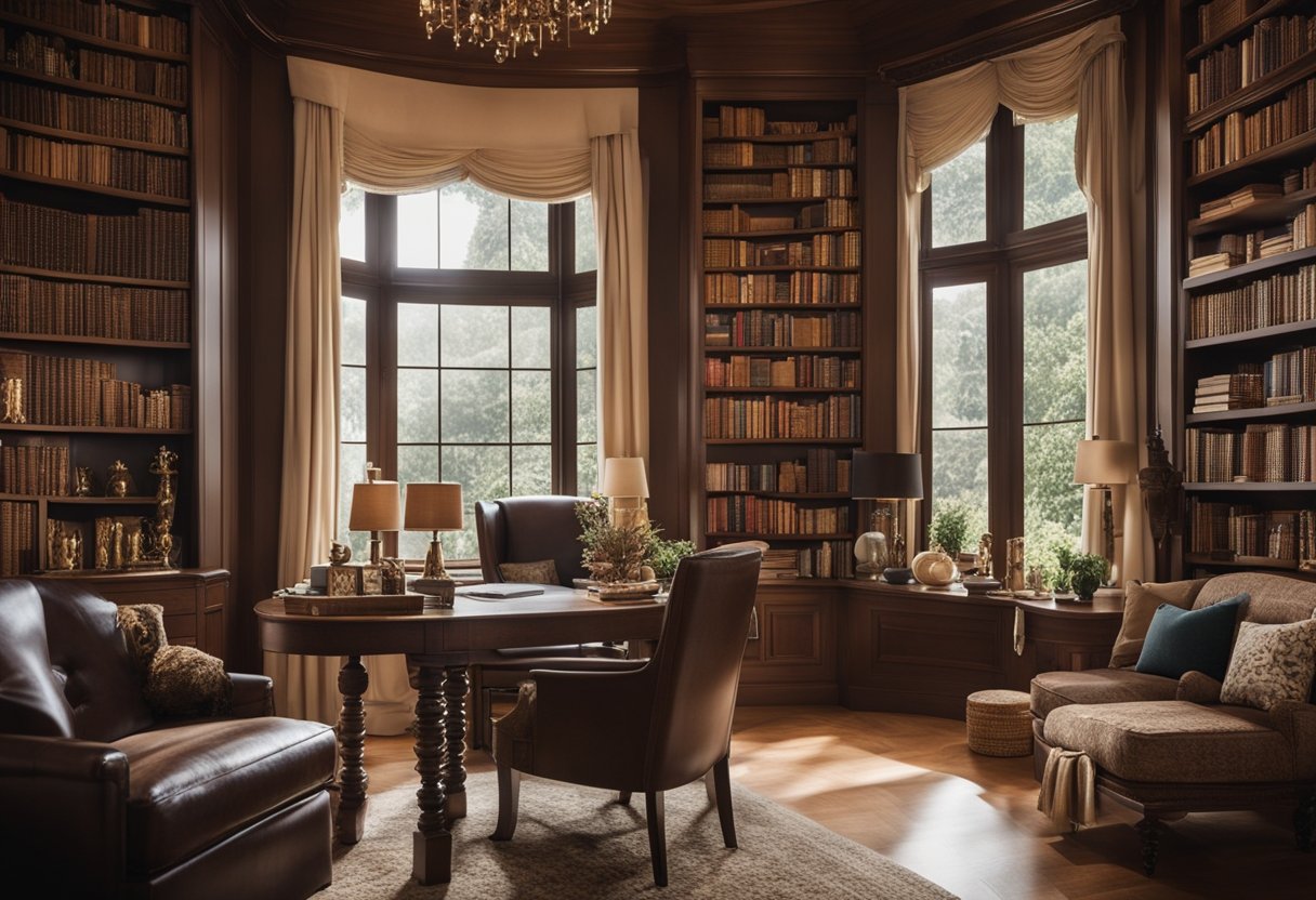 A cozy home library with shelves filled with books on different cultural and regional themes. Each section is adorned with decorations and artifacts representing various interests